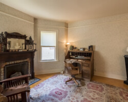 Second Floor Study – Susan B. Anthony's study, and one of her favorite rooms. The wallpaper is based on photos of the room from Susan B. Anthony's lifetime 17 Madison Street Second Floor Study